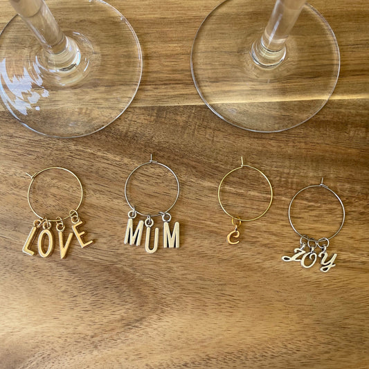 Personalise Gold and Silver Alphabet Charm 25mm Wine Glass Charm Rings Cursive and Capital Letters