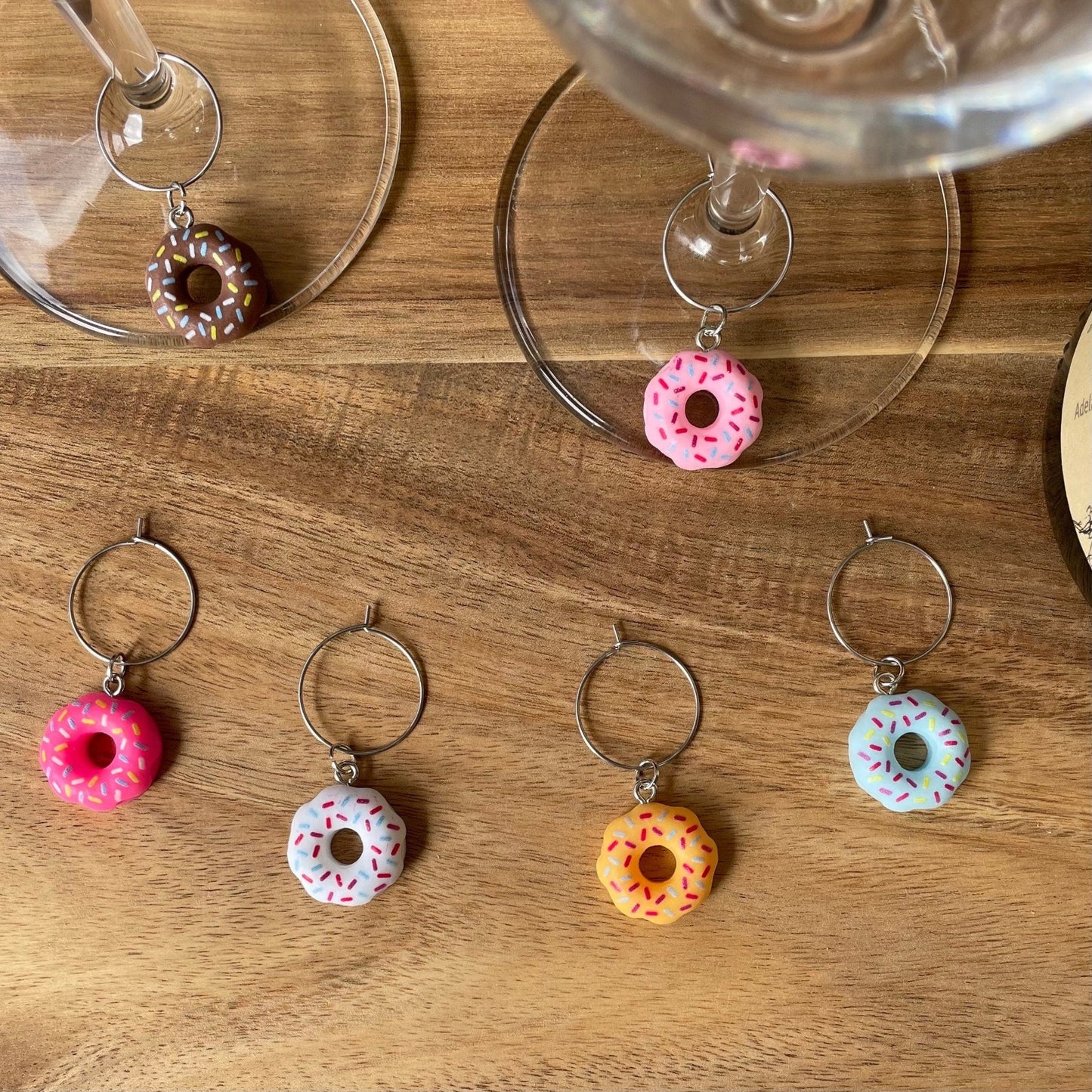 Individual Silver 20mm Wine Glass Charm Rings with Donuts Charms
