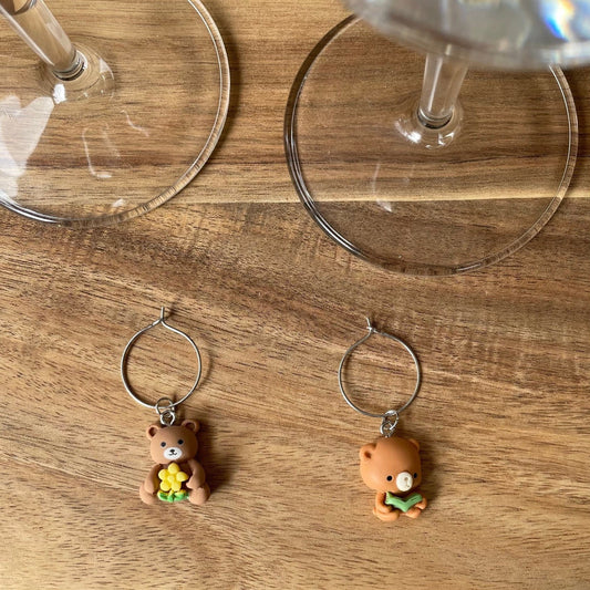 Individual Silver 20mm Wine Glass Charm Rings with Bear Charms