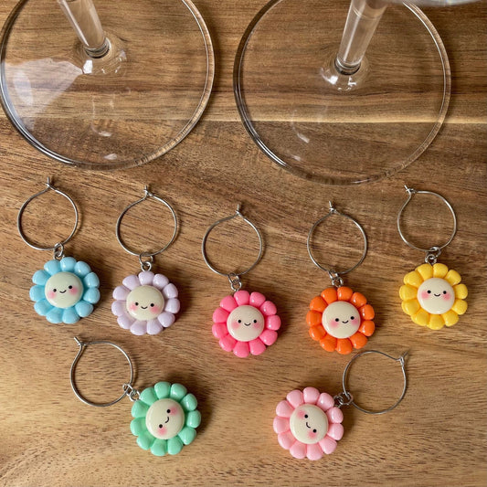 Individual Silver 20mm Wine Glass Charm Rings with Flowers with Face Charms