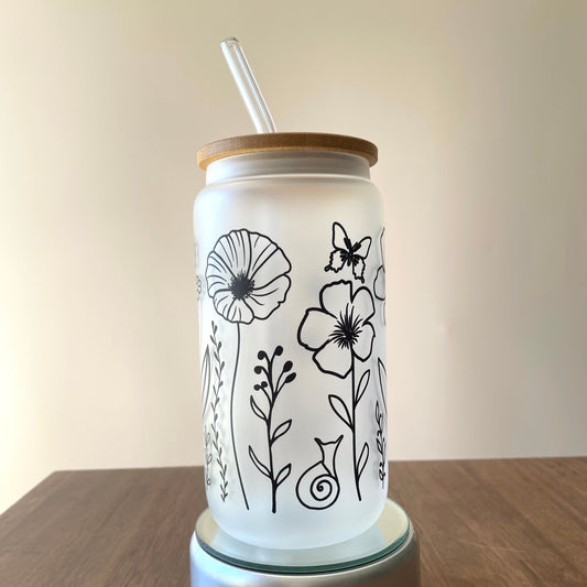 Flowers Sublimated 16oz Frosted Libbey Glass Can with Bamboo Lid and reusable straw.