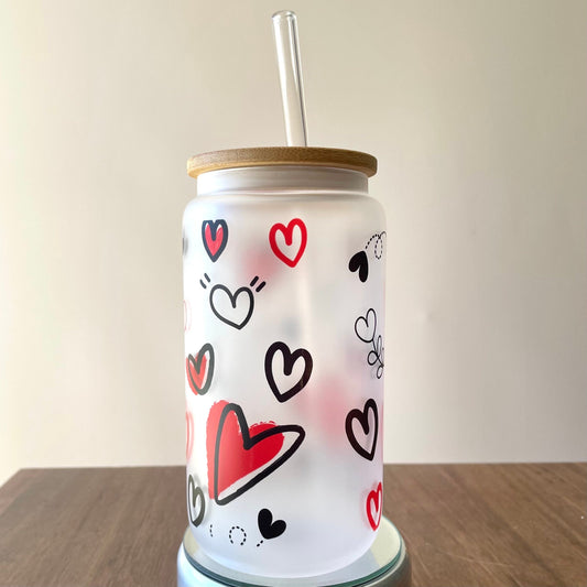 Hearts Sublimated 16oz Frosted Libbey Glass Can with Bamboo Lid and reusable straw.