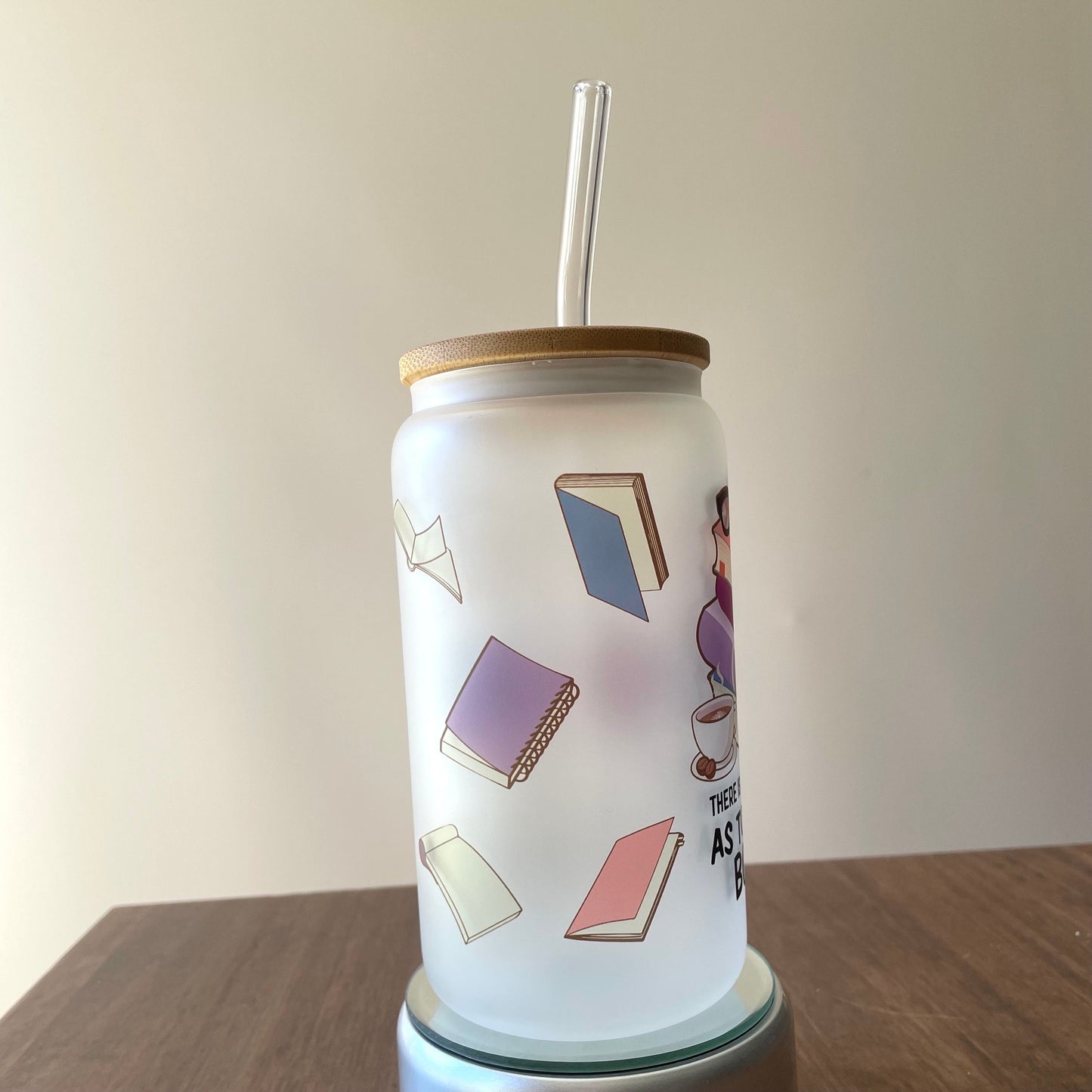 There is no such things as too many books Sublimated 16oz Frosted Libbey Glass Can with Bamboo Lid and reusable straw