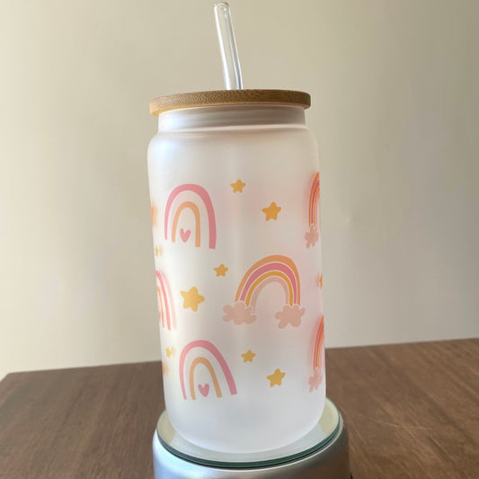 Rainbows Sublimated 16oz Frosted Libbey Glass Can with Bamboo Lid and reusable straw.