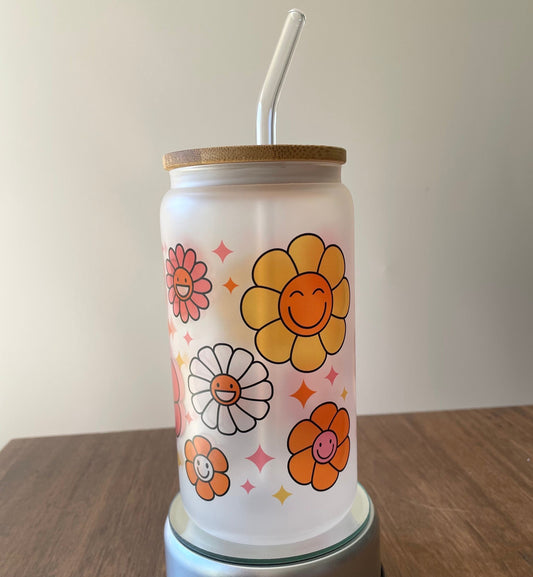 Flowers with Faces Sublimated 16oz Frosted Libbey Glass Can with Bamboo Lid and reusable straw.